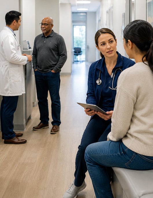 A doctor talking with one patient while a nurse practitioner speaks with another patient.